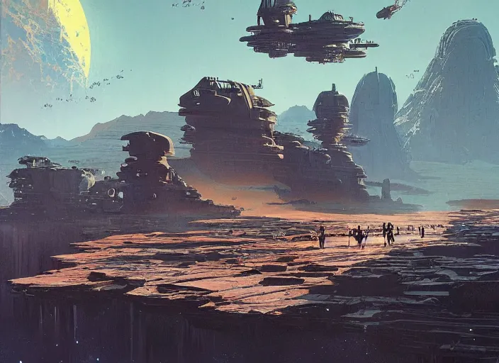 Prompt: a big weird spaceshop in a stunning landscape by martin deschambault, dean ellis, peter elson, josan gonzalez, david a hardy, john harris, wadim kashin, angus mckie, moebius, bruce pennington