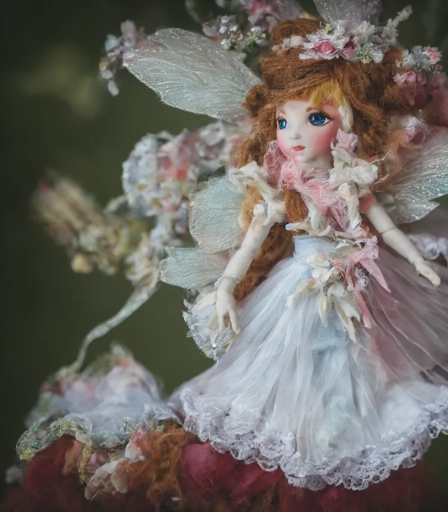 Image similar to high quality presentation photo of a detailed fairy doll in the style of Nicoletta Ceccoli photography 4k f1.8 anamorphic bokeh 4k Canon Nikon