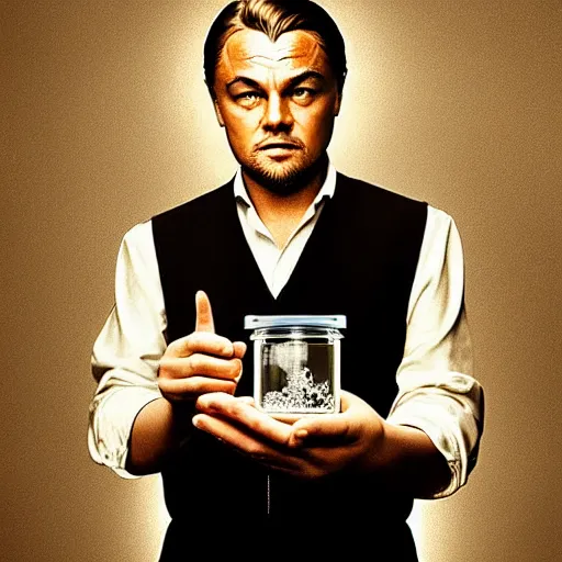 Image similar to detailed studio portrait of leonardo dicaprio holding tiny jar of tincture. watching ar camera. studio light, polished look, solid background, ad, fashion photography, by pierpaolo ferrari and maurizio cattelan, 3 5 mm photograph, david lachapelle, canon eos c 3 0 0, 8 k