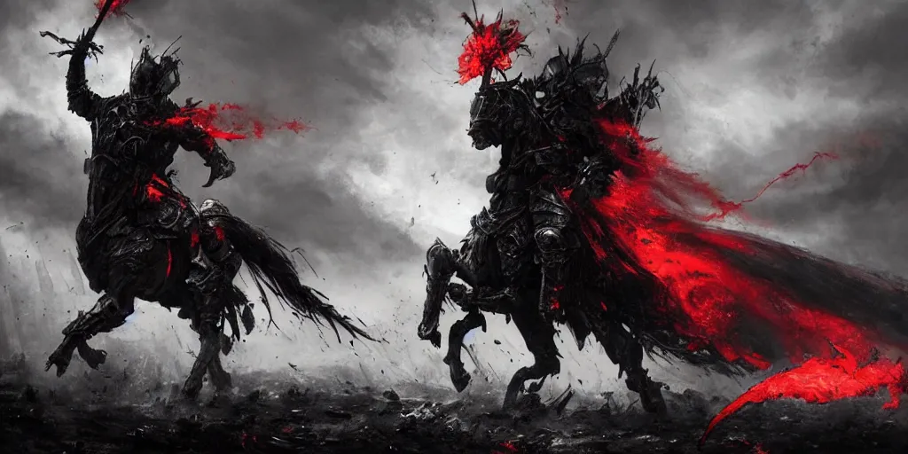 Image similar to a angry knight in full plate of black armor, splattered with blood, riding a large black war horse, with red glowing eyes flowing red mane and tail, blackened clouds cover sky, crackling with lightning, a castle in distance burns, concept art by greg rutkowski, craig mullins, todd mcfarlane,