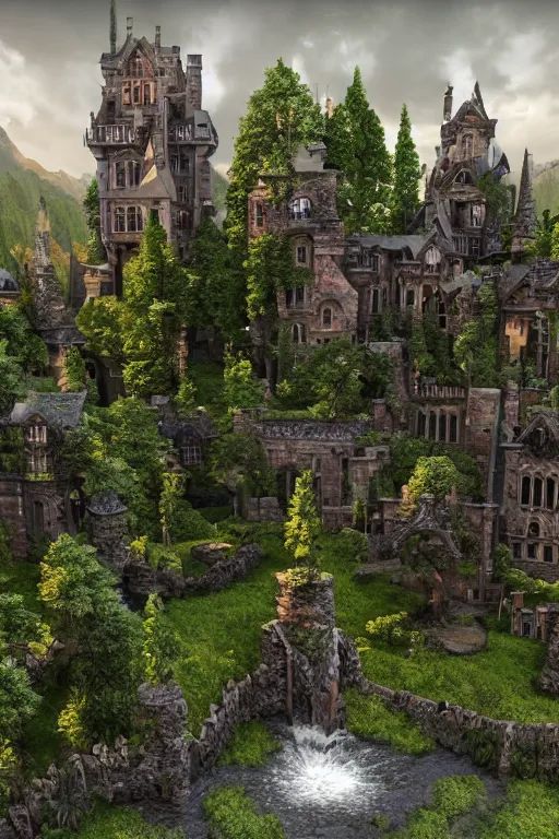 Image similar to matte painting art of witch academy castle with many bonsai trees on the right with small waterfall, highly detailed garden in the middle, many stone statues, gothic building style, highly detailed, 4k, 8k resolution, trending on artstation, octane render, unreal engine, cinematic