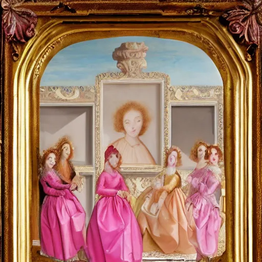 Prompt: group of skinny female artist wearing renaissance dresses, pink and gold flowers in the style of translucent glassy painting, renaissance painting, rococo, manga