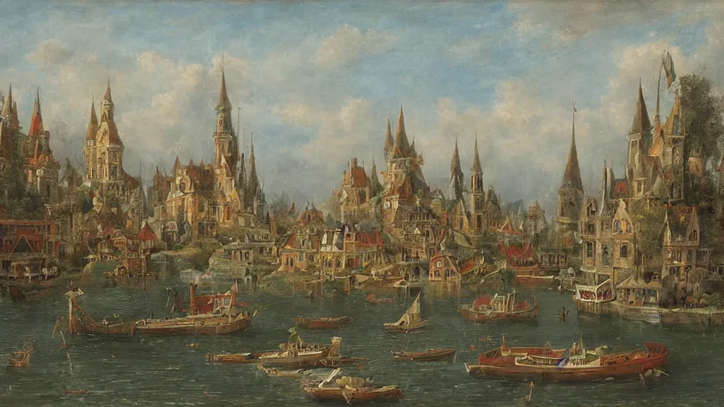 Image similar to an old enchanted fantasy town, viewed from the harbor, by jean - baptist monge,