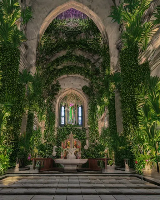 Image similar to cathedral interior with koi pond in the middle surrounded by palm trees, ivy, flowers, tropical plants, roses, and with archways. rendered in octane render with photorealistic lighting