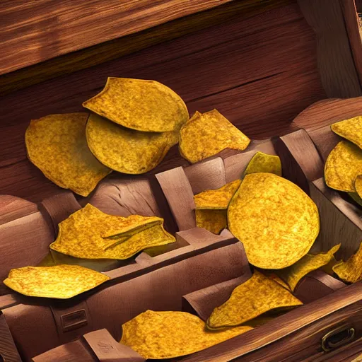 Prompt: fantasy tortila chips in a treasure chest opened, high detail, fantasy art, concept art, 4 k, ultra detail, computer art