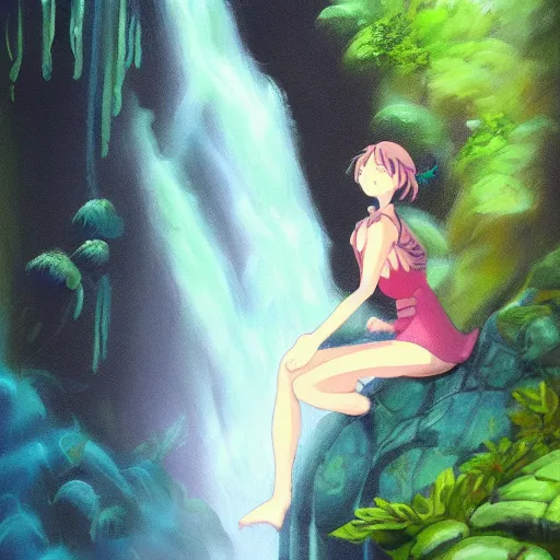 Prompt: painting of a fairy below a waterfall, in style of studio ghibli, dark colours, trending on artstation, detailed, high resolution