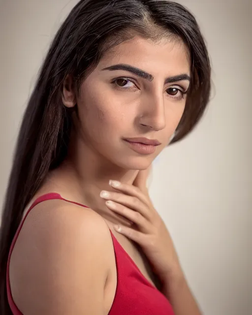 Prompt: a highly realistic, true to life portrait of a beautiful young middle eastern girl, sharp focus, from the waist up, with sharp features, a beautiful face, soft smile, under studio lighting, taken with a canon eos camera with 1 3 5 mm focal length, by annie leibovitz