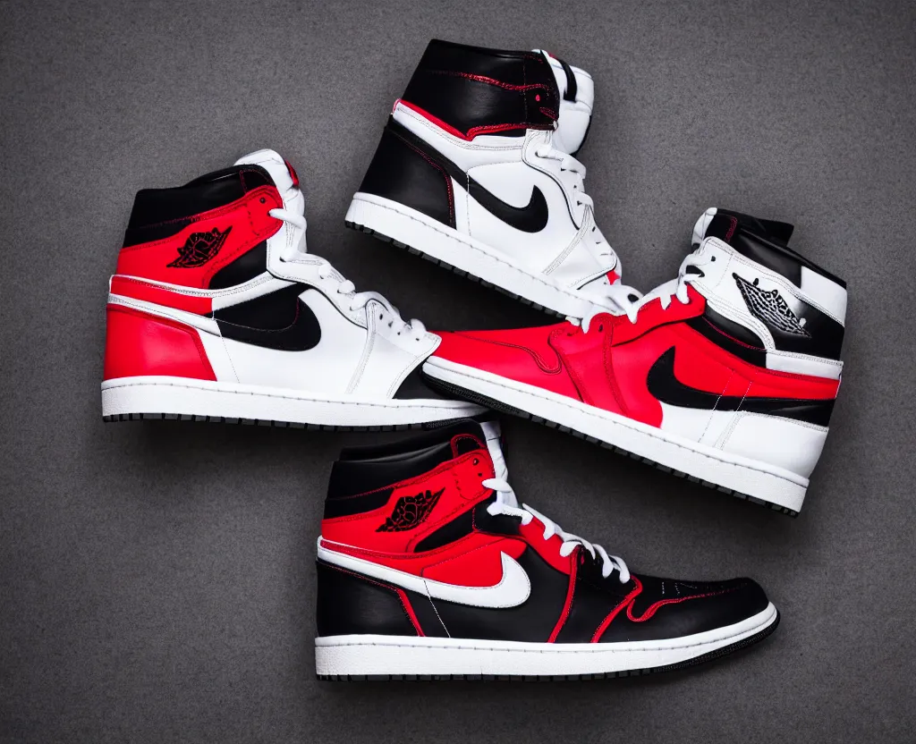 Image similar to a proffesional press photograph of nike jordan 1 black red and white