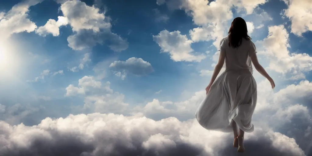 Image similar to realistic scene of a mysterious woman walking on a clouds while it's sunny, detailed, 1 4 5 0, delicate, hyper realism, ultra realistic, 8 k