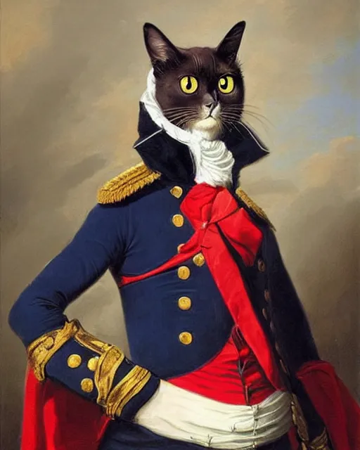 Prompt: dark brown cat with serious expression wearing 1 8 th century royal guard uniform in navy blue and red, joseph ducreux, greg rutkowski, regal, stately, royal portrait, painting