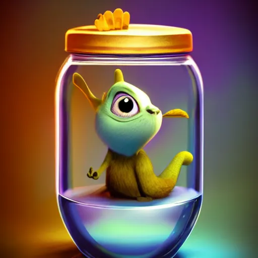 Image similar to cutie creature in a jar, digital art, 3 d, maya render, masterpiece, mega detailed, pixar, disney, vivid illustration, fantasy