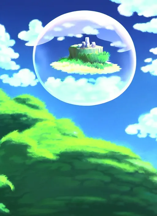 Prompt: an asymmetrical cell - shaded studio ghibli concept art study of a black cube inside a bubble in the sky. wide shot, very dull colors, hd, 4 k, hq