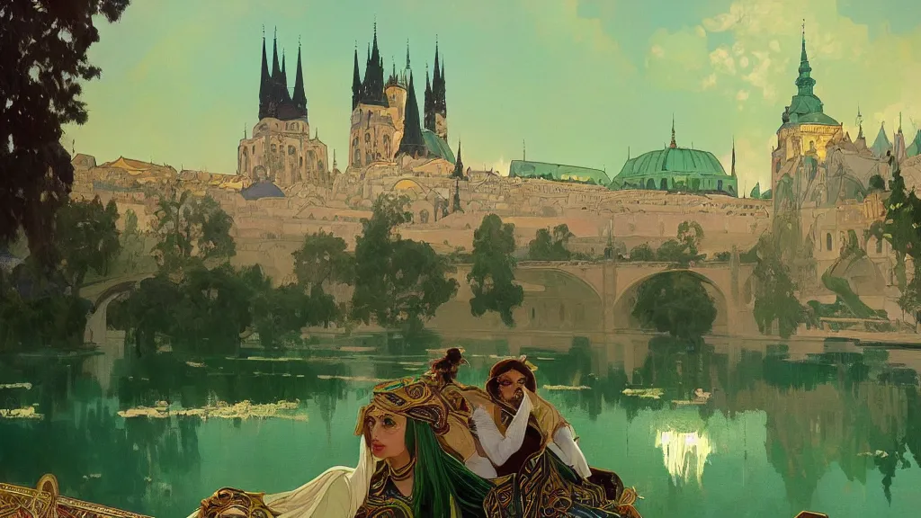 Prompt: a beautiful painting of a view from the river of an arabian prague palace made of green, polished semiprecious malachite marble and jade at night with a sky full of stars, intricate, elegant, highly detailed, digital painting, artstation, concept art, by krenz cushart and artem demura and alphonse mucha