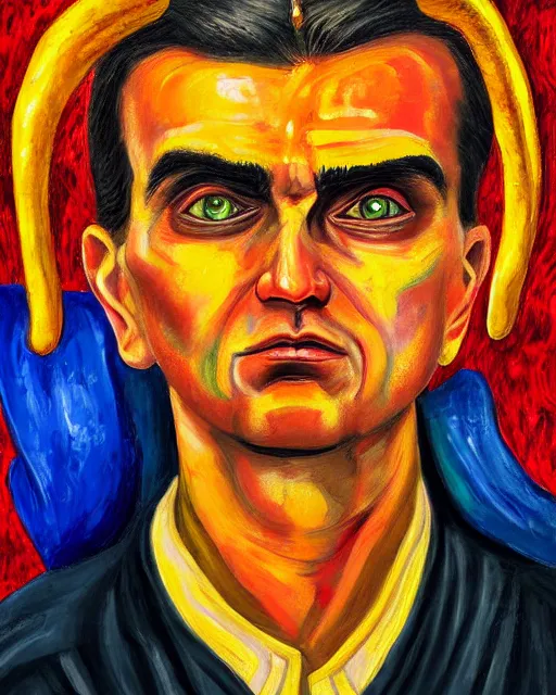 Prompt: expressionist painting of demonic aloysius stepinac with demonic eyes and horns, vivid colors, high production value, intricate details, high resolution, hyperrealistic, hdr, high definition, masterpiece, ultra realistic, highly detailed, hd, sharp focus, non blurry, sharp, smooth