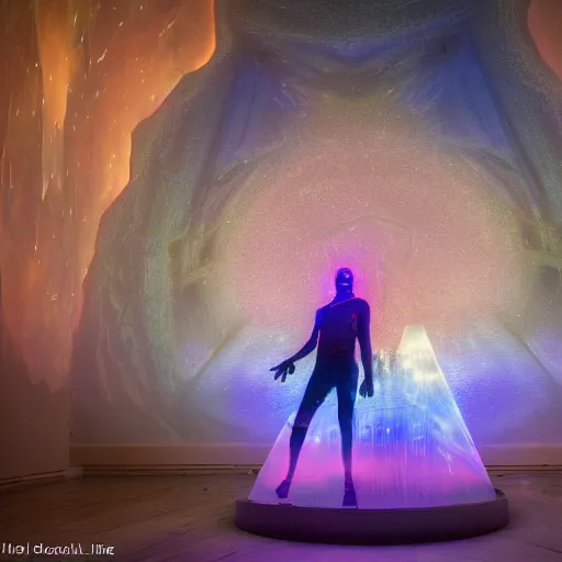 Image similar to A space wizard stand in front of giant, glowing crystal sits in the center of a dark room, Strange symbols line the walls, and a soft light glows from somewhere deep within the room, highly detailed, digital photo, HDRI, by christopher bretz and kael ngu, vivid colors, high contrast, 8k resolution, intricate, photorealistic, smooth, psychedelic color scheme, concept art, award winning, behance contest winner