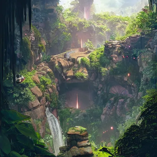 Image similar to worm's eye view of roughly cylindrical overwatch headquarters carved inside a mountain surrounding a lush well kept garden, central waterfall, magical, natural light, fantasy, sharp focus, concept art, by greg rutkowski and craig mullins, cozy atmospheric