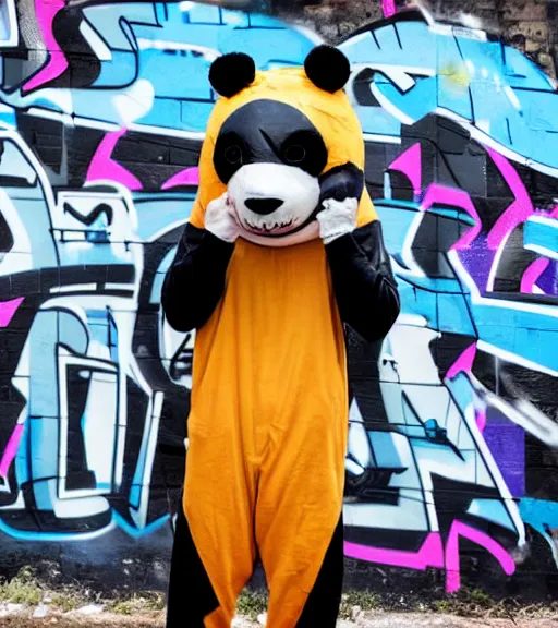 Prompt: photograph of a sad man wearing a panda costume, graffiti wall background