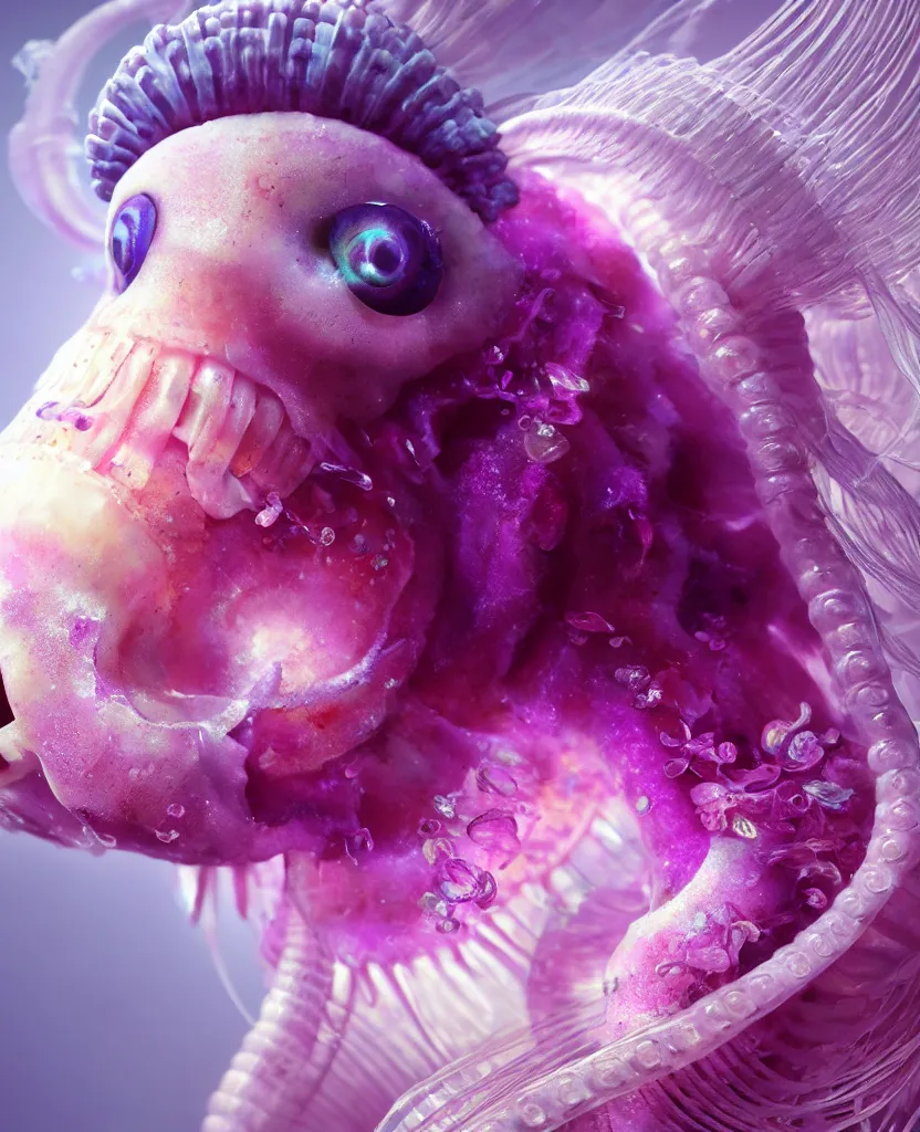 Image similar to goddess princess beautiful face close-up portrait ram skull fluffy toy. jellyfish phoenix head, nautilus, orchid, skull, betta fish, bioluminiscent creatures, intricate artwork by Tooth Wu and wlop and beeple. octane render, trending on artstation, greg rutkowski very coherent symmetrical artwork. cinematic, hyper realism, high detail, octane render, 8k