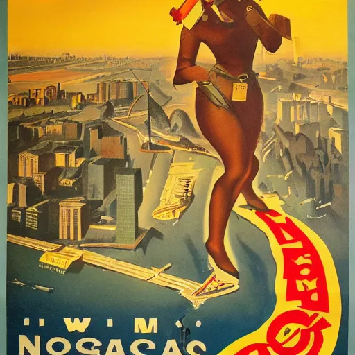 Prompt: ww 2 propaganda poster showing the tropical city of lagos nigeria with no text