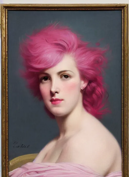 Image similar to a detailed portrait of woman with a mohawk by edouard bisson, year 1 9 4 0, pink hair, punk rock, oil painting, muted colours, soft lighting