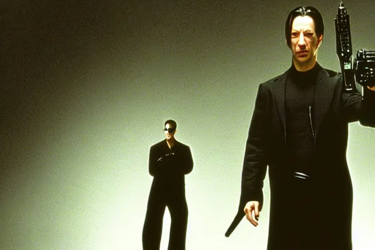 Prompt: film still of Alan Rickman as Neo in The Matrix 1999