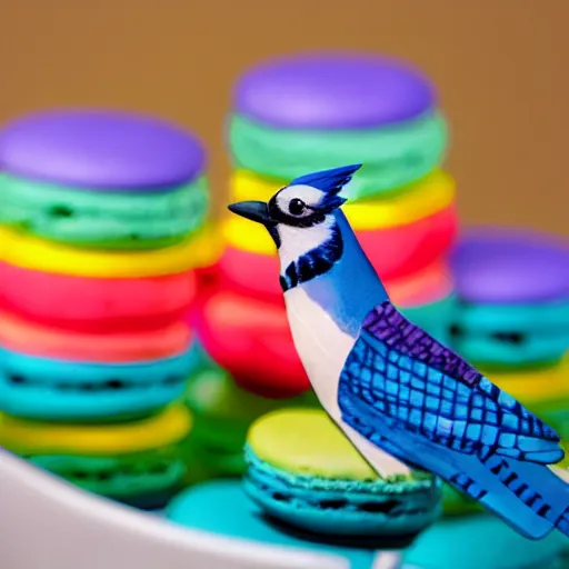 Image similar to A photograph of a (photorealistic blue jay) standing on a large basket of rainbow macarons.