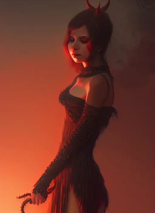 Image similar to satan daughter, outfit, wearing, full body, pyromancer, intricate, elegant, highly detailed, digital painting, artstation, concept art, smooth, sharp focus, clothes, illustration, ethereal, cleary see face, misty, by ilya kuvshinov and jeremy mann, 8 k, octane render
