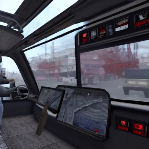 Image similar to niko bellic driving a bus in 4 k