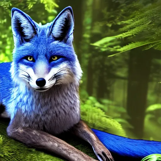 Prompt: A blue Fox in a lush forest, 8k, raytracing, hyper realistic, high detail,