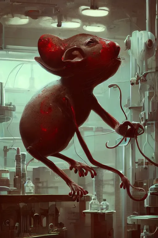 Prompt: many mechanics in lab facility looking at bloody disney mouse head lifted by claw, made by beeple, cgsociety, artgerm, greg rutkowski, highly detailed intricate 4 k art, low light cinematic, octane render, unreal engine, smooth concept art