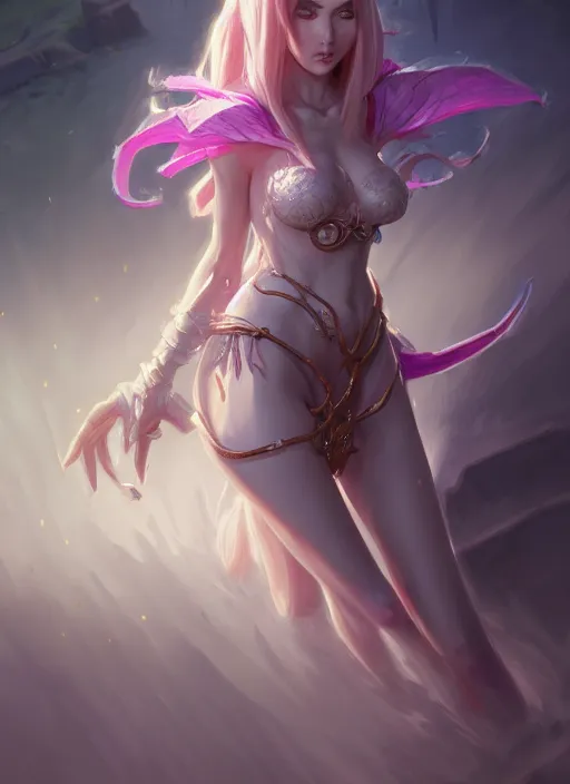 Image similar to zyra, wide angle view, white, black, blue, pink, gold, highly detailed, artgerm, cushart krenz, trending on artstation, soft light, sharp edges, illustration, character design, concept art