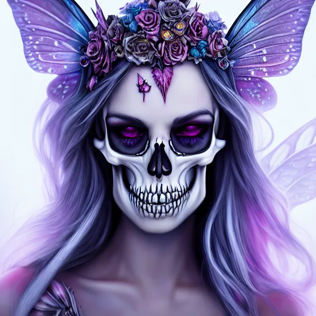 Prompt: beautiful adult fairy skull queen, highly detailed, 4 k, hdr, smooth, sharp focus, high resolution, award - winning photo, artgerm, photorealistic