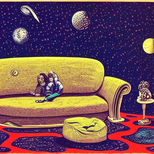 Image similar to psychedelic trippy couch in space, planets, milky way, sofa, cartoon by rob gonsalves and gustav dore