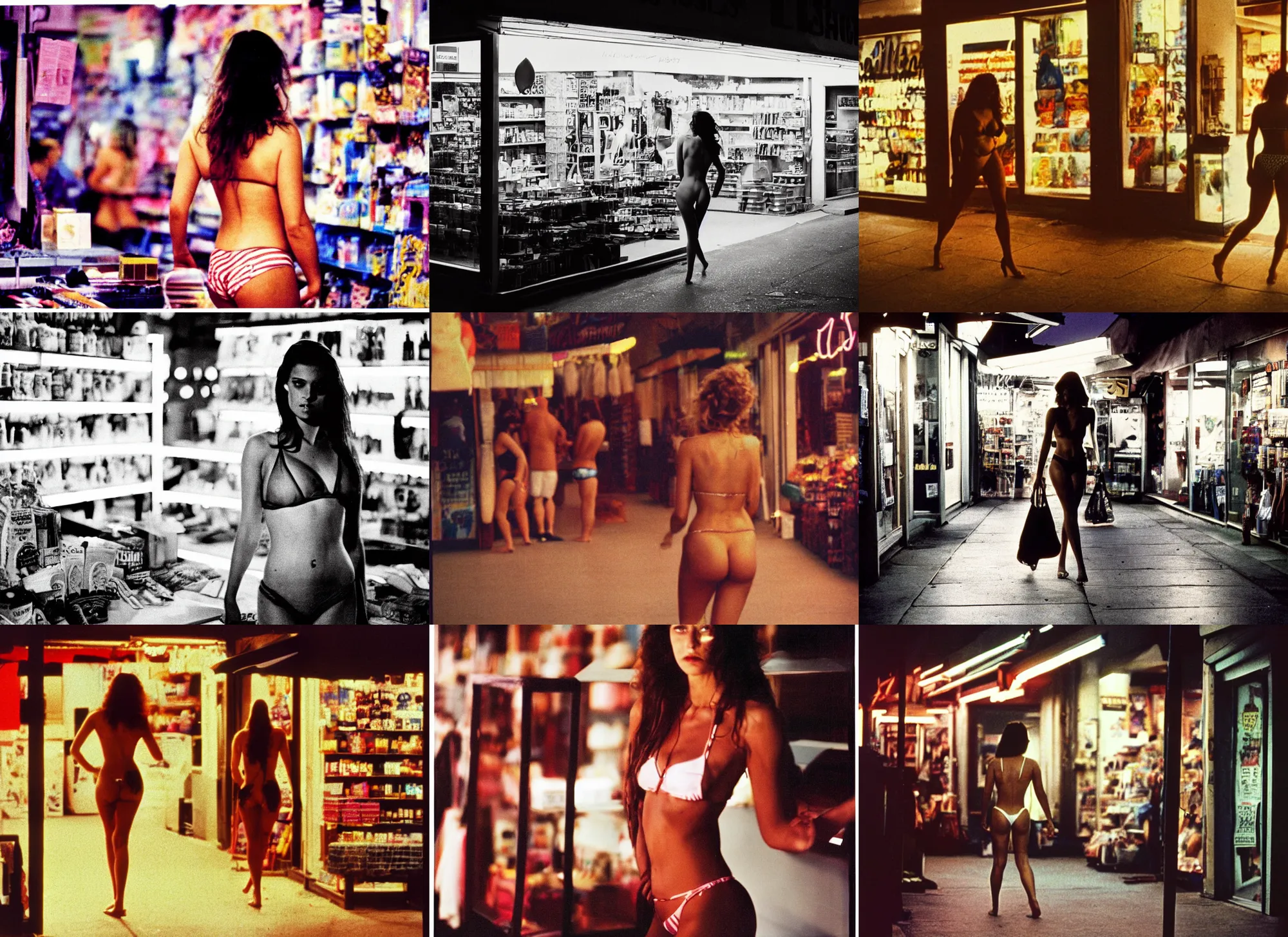 Prompt: color photograph portrait of a beautiful woman in bikini walking in the shop, night, summer, dramatic lighting, 1 9 9 0 photo from live magazine.