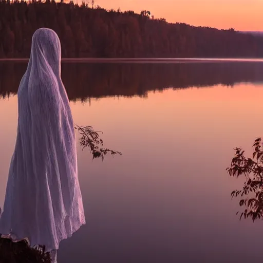 Prompt: a ghostly woman in a white dress rising from a quiet misty lake, high resolution photograph, autumn, sunset, eerie light