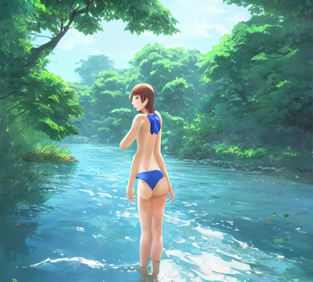 Prompt: one single girl wearing a blue bathing suit wading, standing in a narrow river, trees bent over the river, shady, ripples, facing, looking at the camera, inviting look, atmospheric lighting. By Makoto Shinkai, Stanley Artgerm Lau, WLOP, Rossdraws, James Jean, Andrei Riabovitchev, Marc Simonetti, krenz cushart, Sakimichan, trending on ArtStation, digital art.