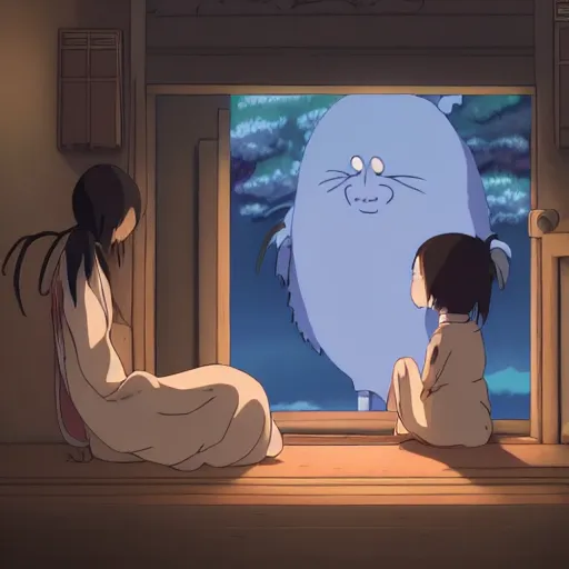 Prompt: spirited away creature in studio ghibli art, peace atmopshere, wonderful scene, 8k, smooth, detailed with high quality, night, anime,