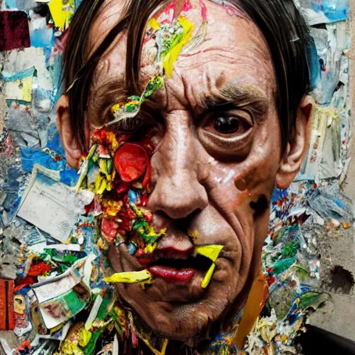 Image similar to hyperrealistic, photorealistic, mixed media oil painting of iggy pop, magazine scraps, plaster, blood, oil, mustard, cigarettes, splatter, trending on artstation, award - winning painting, greg rutkowski, basquiat, ralph steadman, terry gilliam