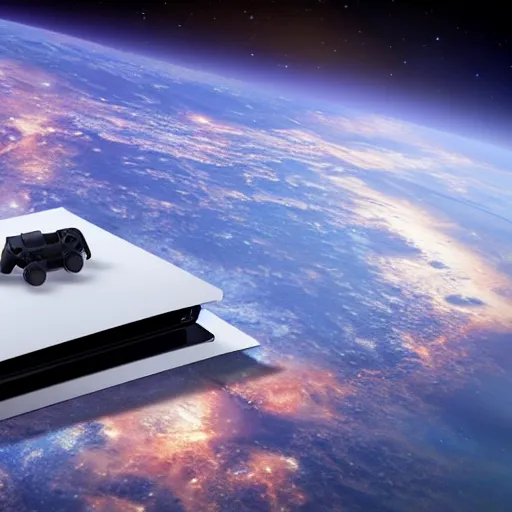 Prompt: a playstation 4 in space wrapped with a ribbon like a present, realistic, detailed, hd photography