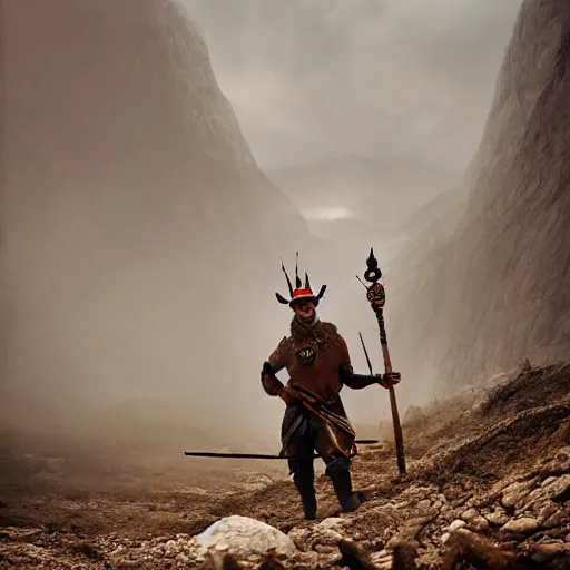 Prompt: cinematic art of a man wearing a crown jewel at a construction site and a leader of the team he is holding a spear. cinematic photograph, atmospheric, foggy, majestic, epic