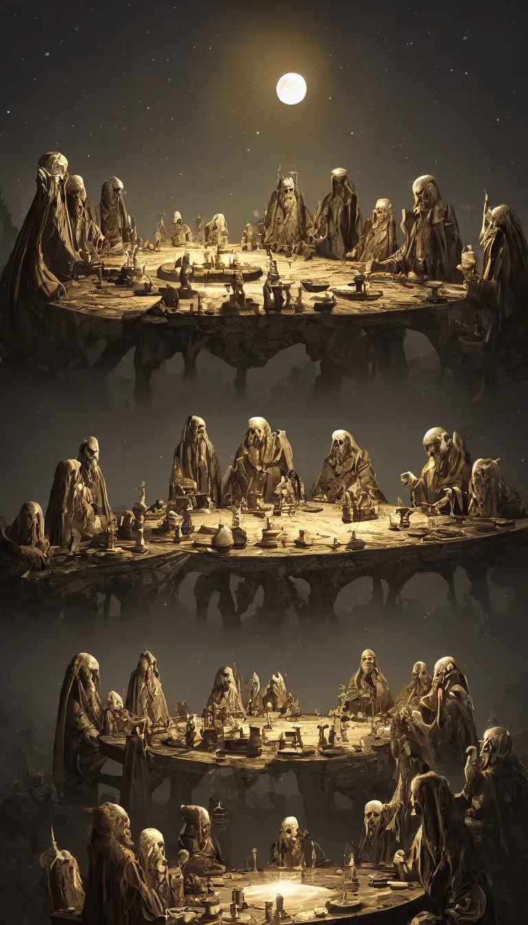 Image similar to A meeting of the council of elders, robed figures sat around a table, beautiful architecture, night time, stars visible, beautiful moon light, concept art, fantasy art, digital art by michal karcz, trending on artstation, highly detailed, 8k