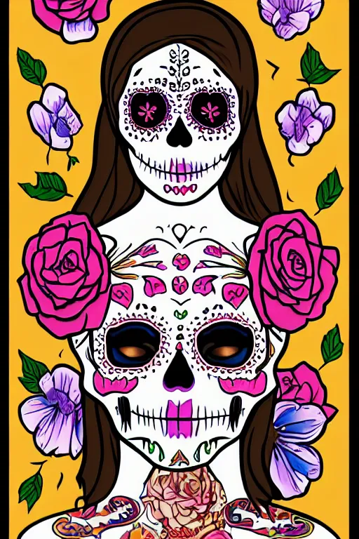 Image similar to illustration of a sugar skull day of the dead girl, art by justin bartlett