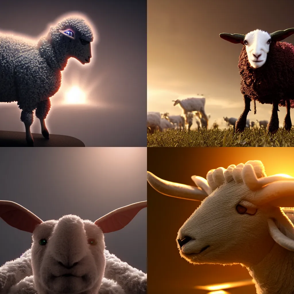 Prompt: close up 3D render of an evil demonic lamb creating a cult to summon a elder god, photorealistic, dramatic backlighting