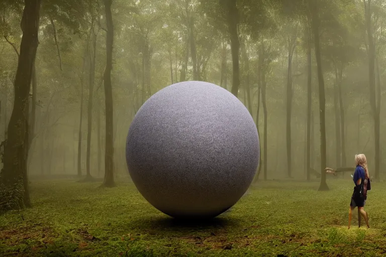 Image similar to a tourist visiting a complex organic fractal 3 d ceramic sphere floating in a lush forest, foggy, cinematic shot, photo still from movie by denis villeneuve