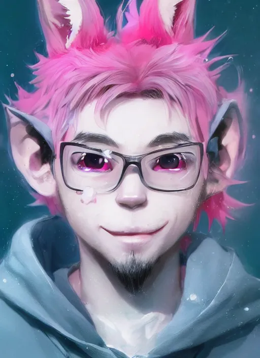 Prompt: a beautiful half body portrait of a cute anime male with pink hair and pink wolf ears. smiling.. big eyes. black collar. hoodie. character design by cory loftis, fenghua zhong, ryohei hase, ismail inceoglu and ruan jia. volumetric light, detailed, rendered in octane