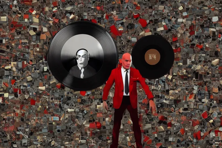 Prompt: an expressive portrait of agent 4 7 from hitman wearing headphones standing on a floor of vinyl records, dark background, red rim light, digital art, artstation, concept art by giger stalenhag