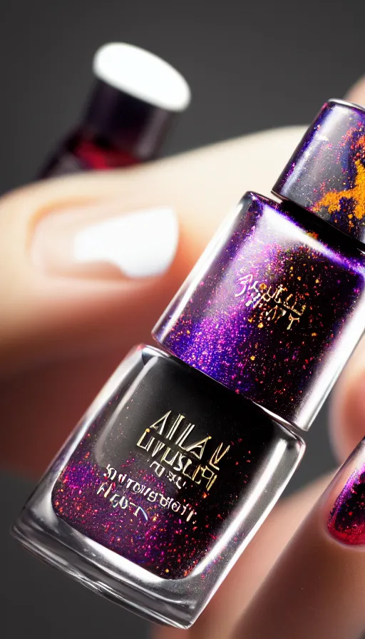 Image similar to a beautiful bottle of nail polish filled with a galaxy, insane, intricate, highly detailed, Zeiss Lens, smooth, sharp focus, Unreal Engine 5, Octane Render, Redshift, 8K