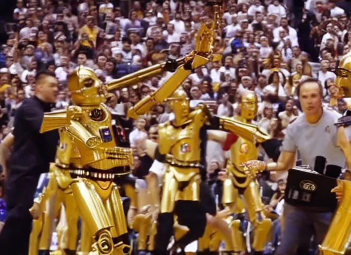 Image similar to ESPN still of C-3PO playing in the nba playoffs live on espn, 4k