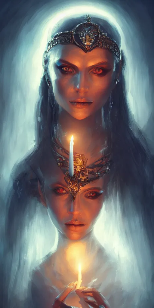 Image similar to very beatiful girl close to a candle in dark room queen of the damned, dramatic light, highly detailed, digital painting, artstation, concept art