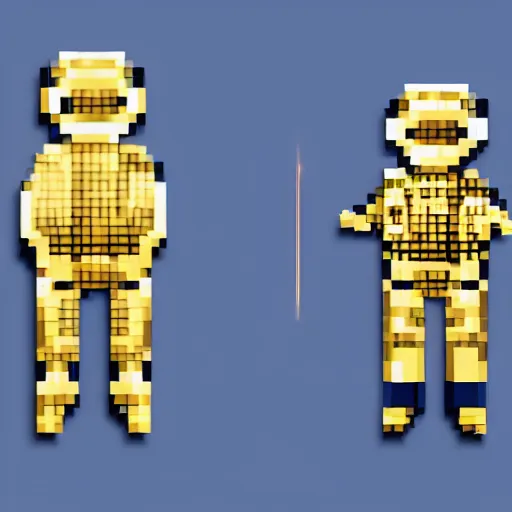 Image similar to a person in a gold and navy astronaut suit based upon medieval armor laser welding the stars into the sky, 8-bit pixel art